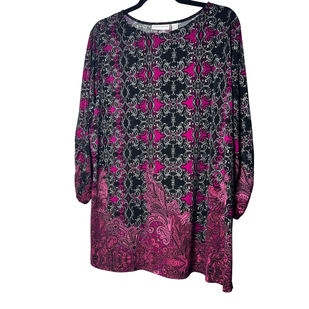 Susan Graver Tunic Top Womens 1X Pink Paisley Scroll Print Ruched Sleeve Office
